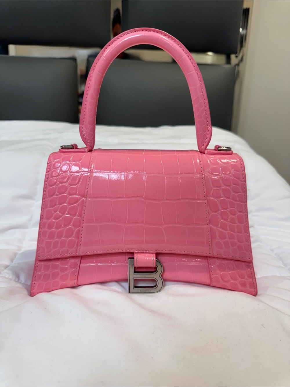 Balenciaga Pink Croc-Embossed Top Handle Satchel